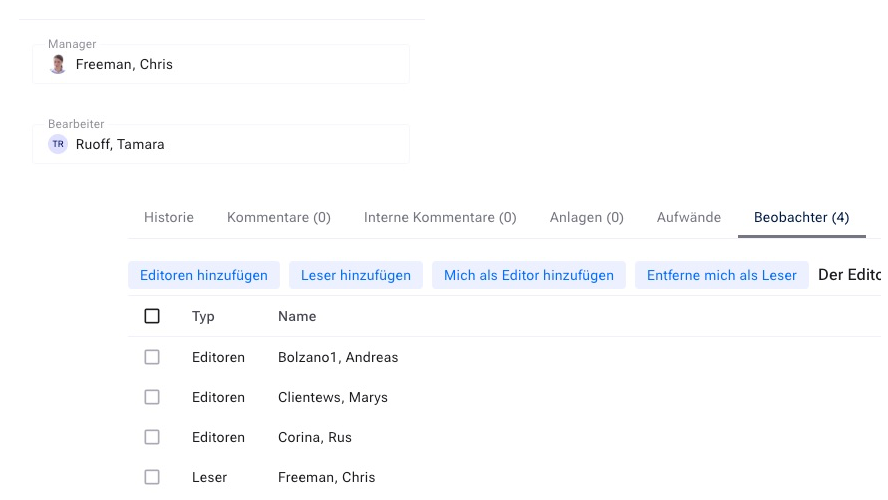 Screenshot der RACI-Rollen in der Projektmanagement-Software Allegra: Bearbeiter, Manager, Editor und Leser pro Vorgang