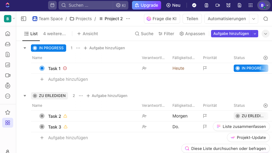 ClickUp Projektmanagement-Software – Screenshot der Oberfläche