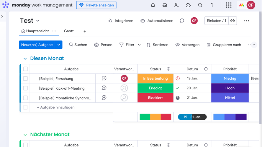 monday.com Projektmanagement-Tool – Screenshot der Board-Ansicht