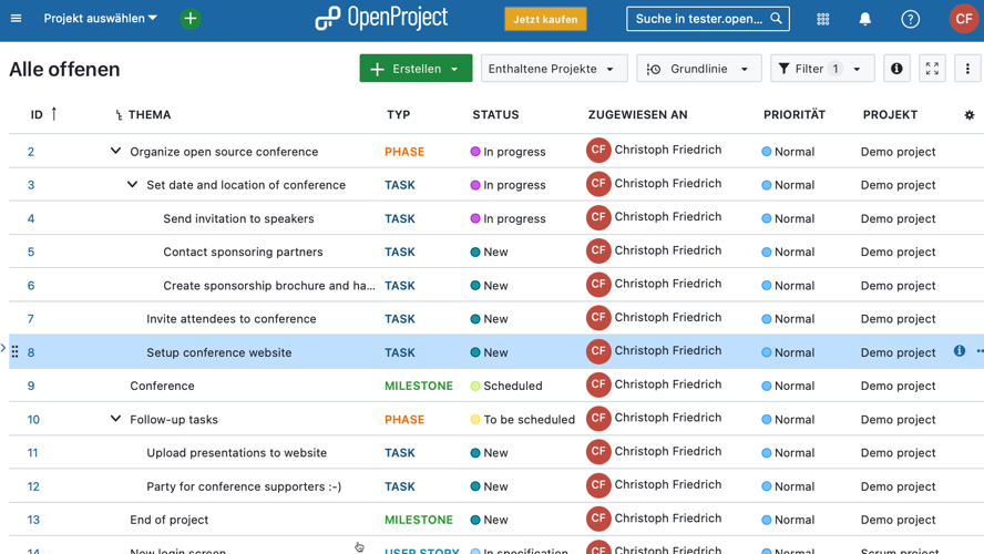 OpenProject Projektmanagement-Software – Screenshot der Projektübersicht