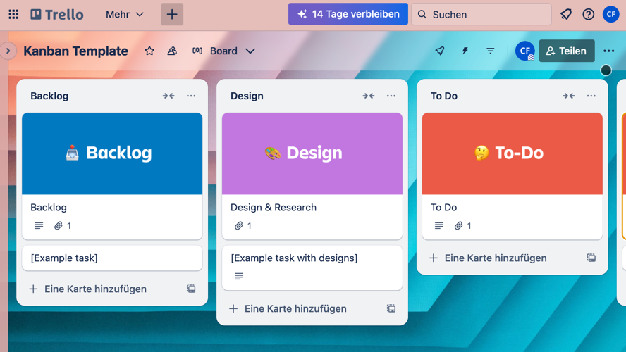 Trello Projektmanagement-Board – Screenshot der Kanban-Ansicht