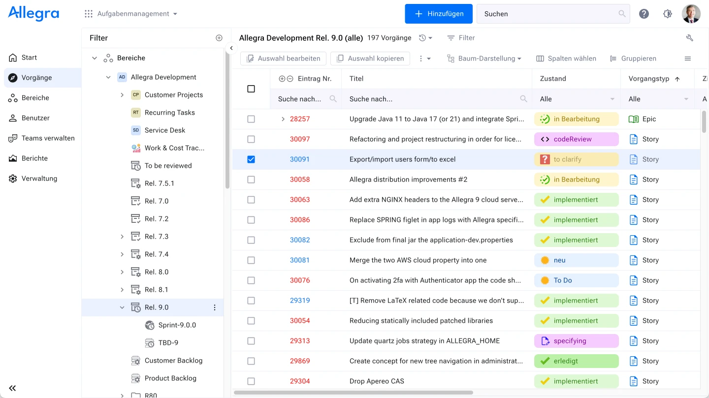 Allegra Service Ticketsystem – Screenshot der Ticketverwaltung