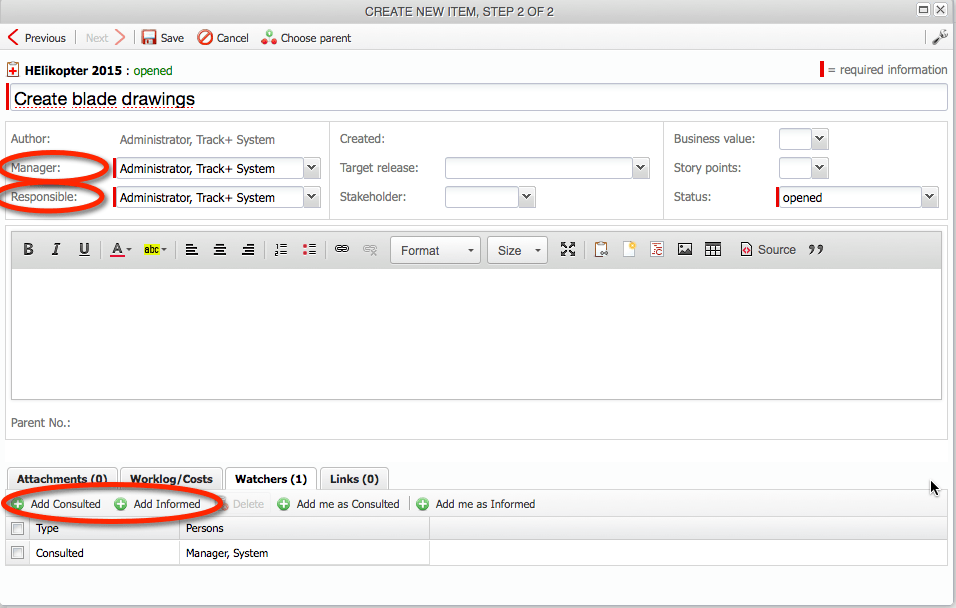 RACI assignments to a task in Trackplus